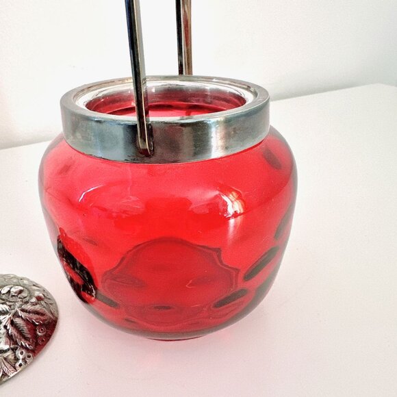 INVERTED CRANBERRY COIN DOT GLASS BISCUIT JAR WITH HANDLE AND FORK - Picture 7 of 9
